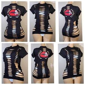 Custom Goth Black Skull Lips Cut-Out Tee